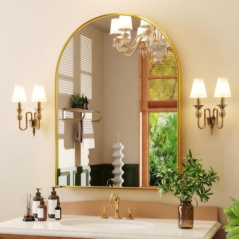 Gold Arch Mirror 16"x28", Arched Bathroom Mirror, Metal Framed Wall Mirrors for Vanity, Wall Mounted Entryway Mirror, Hallway Mirror Over Sink Above Fireplace Dresser Nightstand in Saudi Arabia