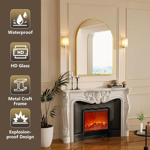Gold Arch Mirror 16"x28", Arched Bathroom Mirror, Metal Framed Wall Mirrors for Vanity, Wall Mounted Entryway Mirror, Hallway Mirror Over Sink Above Fireplace Dresser Nightstand in Saudi Arabia