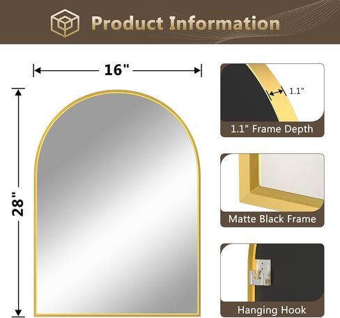 Gold Arch Mirror 16"x28", Arched Bathroom Mirror, Metal Framed Wall Mirrors for Vanity, Wall Mounted Entryway Mirror, Hallway Mirror Over Sink Above Fireplace Dresser Nightstand in Saudi Arabia