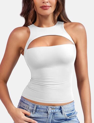 YEOREO Double Lined Tank Tops for Women High Neck Basic Y2K Going Out Tops Breynne Open Back Workout Yoga Crop Top in Saudi Arabia
