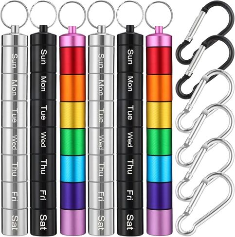 jinei 6 قطع 7 حجرة حبوب منع الحمل سلسلة المفاتيح الصغيرة المحمولة منظم حبوب منع الحمل المعدنية 7 أيام سبائك الألومنيوم المفاتيح حامل حبوب الدواء أسبوعي الطب مفتاح سلسلة حبوب منع الحمل حاوية لطيف حامل صندوق حبوب منع الحمل للسفر in Kuwait