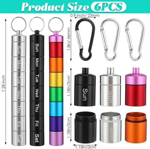 jinei 6 قطع 7 حجرة حبوب منع الحمل سلسلة المفاتيح الصغيرة المحمولة منظم حبوب منع الحمل المعدنية 7 أيام سبائك الألومنيوم المفاتيح حامل حبوب الدواء أسبوعي الطب مفتاح سلسلة حبوب منع الحمل حاوية لطيف حامل صندوق حبوب منع الحمل للسفر in Kuwait