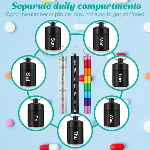 jinei 6 قطع 7 حجرة حبوب منع الحمل سلسلة المفاتيح الصغيرة المحمولة منظم حبوب منع الحمل المعدنية 7 أيام سبائك الألومنيوم المفاتيح حامل حبوب الدواء أسبوعي الطب مفتاح سلسلة حبوب منع الحمل حاوية لطيف حامل صندوق حبوب منع الحمل للسفر in Kuwait