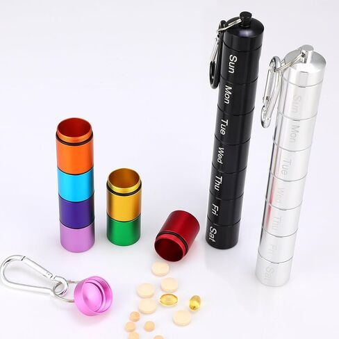 jinei 6 قطع 7 حجرة حبوب منع الحمل سلسلة المفاتيح الصغيرة المحمولة منظم حبوب منع الحمل المعدنية 7 أيام سبائك الألومنيوم المفاتيح حامل حبوب الدواء أسبوعي الطب مفتاح سلسلة حبوب منع الحمل حاوية لطيف حامل صندوق حبوب منع الحمل للسفر in Kuwait