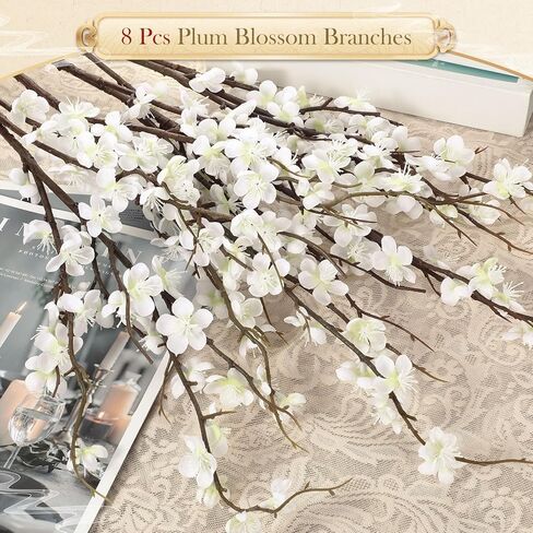 8 Pcs 37.4 Inch Artificial Cherry Blossom Faux Cherry Blossom Branches Long Stem Plum Silk Blossom Tall Fake Flowers White Cherry Blossom Stems for Wedding Home Decoration Office Decor Party in Kuwait