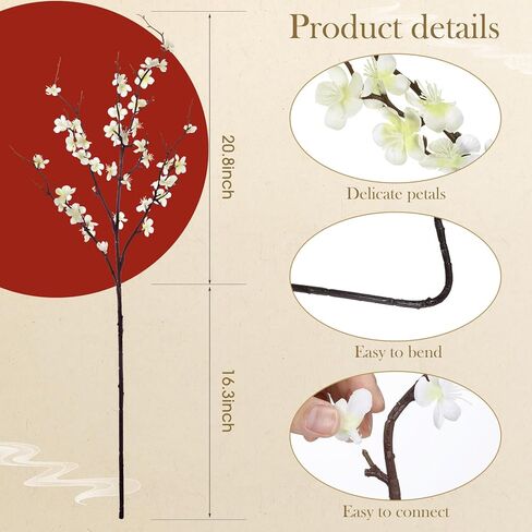 8 Pcs 37.4 Inch Artificial Cherry Blossom Faux Cherry Blossom Branches Long Stem Plum Silk Blossom Tall Fake Flowers White Cherry Blossom Stems for Wedding Home Decoration Office Decor Party in Kuwait