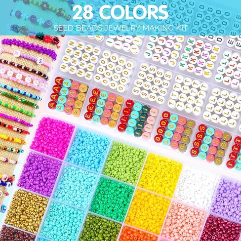 SJZWSD Friendship Bracelet Making Kit – 2 Box Seed Beads Set – DIY Jewelry Making Set– Includes 28 Colors of Glass Beads, Letter Beads, Gold Spacers, and String… in Kuwait