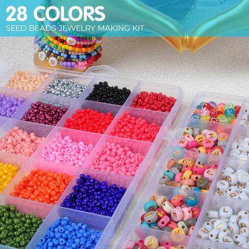 SJZWSD Friendship Bracelet Making Kit – 2 Box Seed Beads Set – DIY Jewelry Making Set– Includes 28 Colors of Glass Beads, Letter Beads, Gold Spacers, and String… in Kuwait