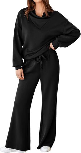 Aleumdr Women's 2 Piece Outfits Lounge Set Mock Neck Long Sleeve Sweatshirt With Wide Leg Pants Sweatsuit Fall 2024 in Kuwait