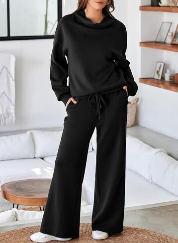 Aleumdr Women's 2 Piece Outfits Lounge Set Mock Neck Long Sleeve Sweatshirt With Wide Leg Pants Sweatsuit Fall 2024 in Kuwait