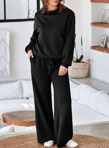 Aleumdr Women's 2 Piece Outfits Lounge Set Mock Neck Long Sleeve Sweatshirt With Wide Leg Pants Sweatsuit Fall 2024 in Kuwait