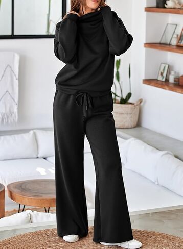 Aleumdr Women's 2 Piece Outfits Lounge Set Mock Neck Long Sleeve Sweatshirt With Wide Leg Pants Sweatsuit Fall 2024 in Kuwait