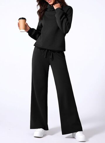 Aleumdr Women's 2 Piece Outfits Lounge Set Mock Neck Long Sleeve Sweatshirt With Wide Leg Pants Sweatsuit Fall 2024 in Kuwait