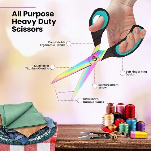 Fabric Scissors, 9.5 Inch Heavy Duty Titanium Coated Stainless Steel Premium Dressmaking Scissors, Extra Sharp Sewing Scissors for Fabric Cutting, Tailors Scissors with Soft Grip (Red) in Kuwait