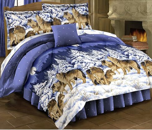 Wolves Midnight Blue Comforter Set & Sheets Wildlife Lodge Cabin (Bed in A Bag) (8pc King Size) in Saudi Arabia