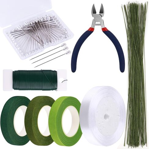 GLAMFIELDS Floral Arrangement Kit with Cutter, 5 Rolls 1/2" Wide Floral Tapes, 100 pcs 26 Gauge Floral Stem Wire, 1 Roll 22 Gauge Floral Wire for Bouquet Stem Wrapping and Floral Crafts in Kuwait