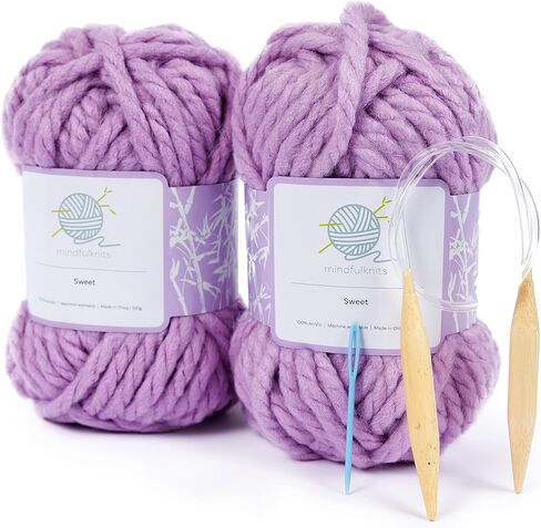 Mindfulknits تعلم كيفية الحياكة - حياكة قبعة صغيرة مكتنزة - إبر الحياكة، إبرة الغزل وخيوط الحياكة الضخمة من الأكريليك - موكا - مجموعة لوازم الحياكة الأساسية للمبتدئين للاسترخاء وتخفيف التوتر in Kuwait