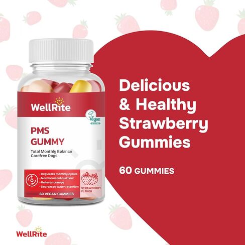 PMS Gummy Vitamins That Provides Total Monthly Balance & Carefree Days, 60 Count, Strawberry Flavored, Vegan, Gelatin Free, Gluten Free, Nut Free, Relieves Cramps, Normal Menstrual Flow in Saudi Arabia