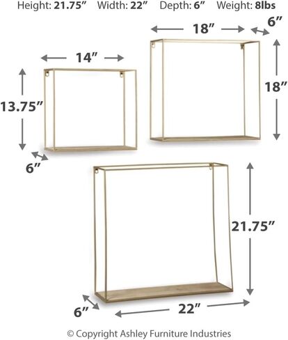 Signature Design by Ashley Efharis Shadow Box Set, 3 Piece Wall Shelf, Natural & Gold Finish in Saudi Arabia