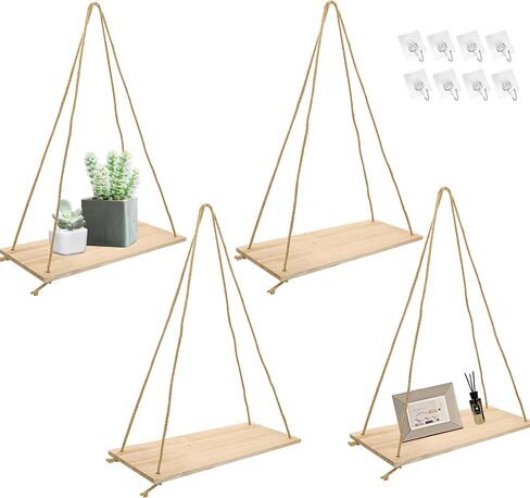 4 عبوات من الأرفف العائمة من الحبال المعلقة للجدار، رف خشبي معلق من الحبال لتزيين الحائط وعرض رف النبات المعلق لغرفة النوم وغرفة المعيشة in Kuwait