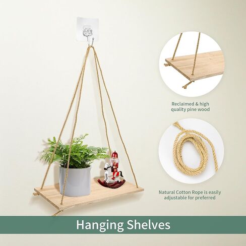 4 عبوات من الأرفف العائمة من الحبال المعلقة للجدار، رف خشبي معلق من الحبال لتزيين الحائط وعرض رف النبات المعلق لغرفة النوم وغرفة المعيشة in Kuwait