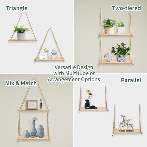 4 عبوات من الأرفف العائمة من الحبال المعلقة للجدار، رف خشبي معلق من الحبال لتزيين الحائط وعرض رف النبات المعلق لغرفة النوم وغرفة المعيشة in Kuwait