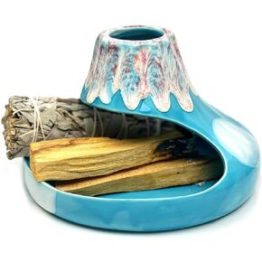 Ceramics Volcano Palo Santo Holder, 3 in 1 Incense Holder for Palo Santo Sticks Sage Bundles Cone Incense, Sage Smudge Bowl, Sage Holder for Burning, Sage Burner Holder with Ash Catcher (Blue)