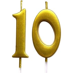 Gold 10th Birthday Numeral Candle, Number 10 Cake Topper Candles Party Decoration for Girl Or Boy