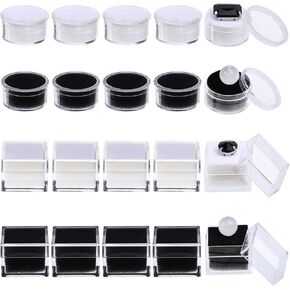 CHGCRAFT 20PCS Gemstone Display Box Round and Square Diamond Gemstone Display Cases Transparent Acrylic Jewelry Show Box with Clear Top Lids and Sponge for Bare Stone Naked Diamond White and Black
