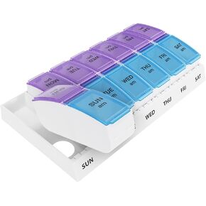 Ezy Dose Weekly (7-Day) AM/PM Pill Organizer, Vitamin and Medicine Box, Large Pop-Out Compartments, Designed for Travel, 2 Times a Day, Blue and Yellow Lids
