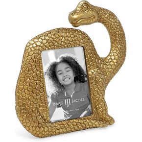 Isaac Jacobs 2" x 3" Resin Dinosaur Picture Frame, Vertical Keepsake Photo Frame with Easel and Hanging Tabs for Tabletop, Desktop & Wall Display (Brontosaurus, Green)
