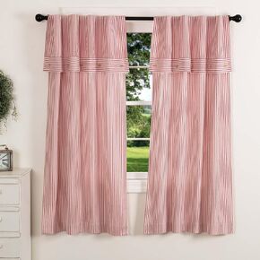 Farmhouse Ticking Stripe Red Panel Curtains, Set of 2, 84" Long, Attached Valance w/Button Accents