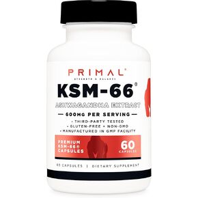 Primal KSM-66 Ashwagandha Capsules (60 Capsules / 60 Servings, 600 mg KSM-66 Per Serving) | Premium Ashwagandha Root Extract - Gluten Free, Non-GMO Nutritional Supplement