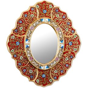 NOVICA Artisan Handmade Reverse Painted Glass Wall Mirror Unique Red Gold Glasswood Peru Decor Mirrors Floral [15.75in H x 13.75in W x 0.4in D] ' Floral Crimson'