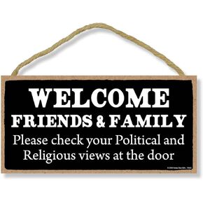 Welcome Friends and Family, 5 inch by 10 inch Hanging Welcome Wall Decor, Wall Art, Decorative Wood Sign Home Decor, Funny Welcome Signs, 75542