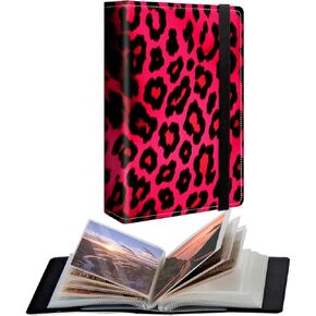 Small Photo Album 4x6 inch PU Leather Cover Photo Albums with 120 Photos Transparent Inner Pockets and Elastic Band Design Cute Photo Albums for Family Anniversary Wedding,Pink Leopard Print