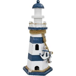 Wooden Lighthouse Decoration with Lights Nautical Tabletop Centerpiece Decorative Tower Light Ocean Beach Themed Sculpture Indoor Outdoor Wood Coastal Decor for Party Mantel Table (10.2"H Blue)