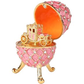 QIFU Vintage Pink Easter Egg Style Enameled Trinket Box Hinged with Mini Royal Carriage