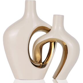 Set of 2 Beige White and Black Vase, Modern Donut Vase Hollow Decorative Vases for Decor, Ceramic Vases for Flowers Pampas Grass, Dining Table Wedding Centerpiece Living Room Shelf Decor