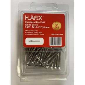 Fastener 8#x1-1/2"(38mm) Stainless Steel Screw 50pcs in Blister Package, A2, Self-Typing, Flat Head 2# Square Drive Sharp Point Wood Screw