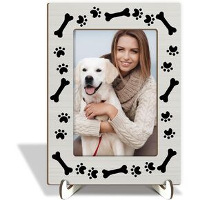 Wooden Picture Frame with Wood Stand, Dog Paw Print Photo Frame Tabletop Display, Shelf Desk Decor Gift for Dog Owner Puppy Lover, Home Decor Supplies, Fits 4x6" Vertical & Horizontal -06