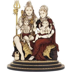 4 Inch Shiv Parivar Wood Carved Statue in Exotic Hard Woods - Multi Layered Hand Made Wooden Lord Shiva Family Idol for Car Dashboard, Home, Office, and Travel