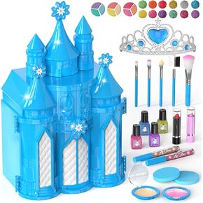 PERRYHOME Kids Makeup Kit for Girl 52 Pcs Frozen Castle Toys for Girls, Safe & Non-Toxic & Washable Little Girl Makeup Kit, Toddler Girl Toy Christmas & Birthday Girl Gift for 3-12 (Blue) in Saudi Arabia