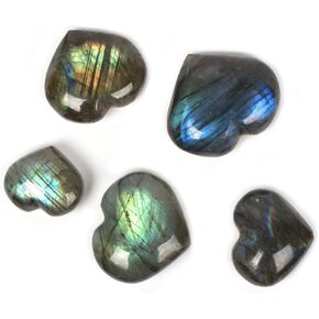 Justinstones Natural Labradorite Gemstone Healing Crystal Puffy Heart Pocket Stone Gem for Wrapping (Pack of 5) Various Sizes
