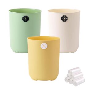 3Pcs Small Trash can with Swing Lid, Mini Desktop Garbage Cans, Plastic Trash Bin with 180 Trash Bags, Decorative Tiny Wastebasket for Bedroom, Office, Kitchen, Bathroom (3 Colors)