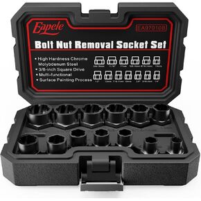 Eapele Bolt Extractor Set, Stripped Nut Remover Twist Sockets, Fit 3/8" Square Drive with Solid Storage Case(26pcs, Black)
