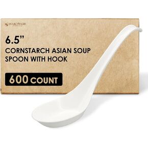 [600 COUNT] HAKOWARE Disposable Large Asian Soup Spoons with Hook, made from Crystalized Cornstarch, for Take-out Ramen Pho Noodles, Disposable Utensils Bulk Size Durable