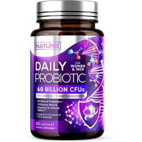 Built by Nature Probiotic - 60 Billion CFU with 10 Strains, Plus 8 Diverse Digestive Enzymes, and 4 Sources of Prebiotic Fibers – Daily Probiotic Supplement for Men and Women - 60 Capsules