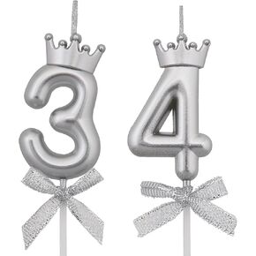 34 43 Birthday Candles, 34th 43rd Cake Candles, Silver Happy Birthday Number 34 43 Candles Cake Topper Decorations for Party Men Women