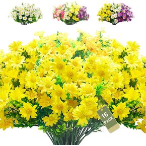 Aufind 16 Bundles Artificial Daisies Flowers Outdoor Fake Plants White Gerber Daisy Fake Foliage Greenery Faux Plants for Graves Hanging Outside Planter Window Box Wedding Decoration